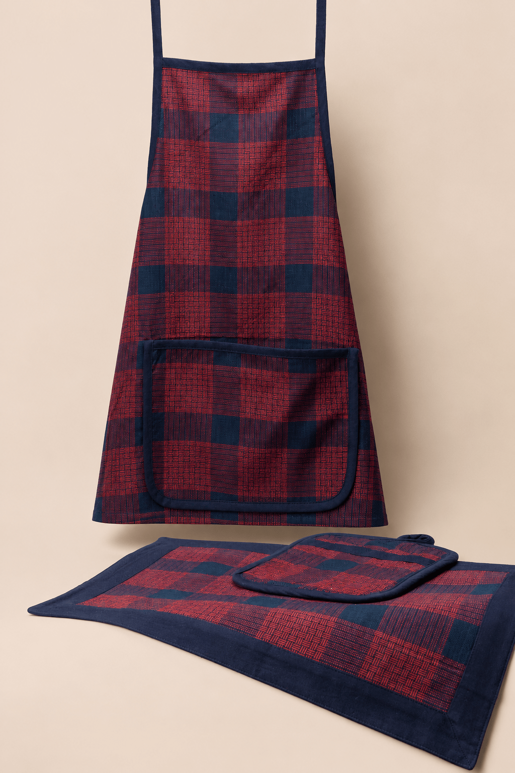 Gift Box - Apron, Pot Holder, Pot Matt, Place Matt & Gloves (Red & Blue)