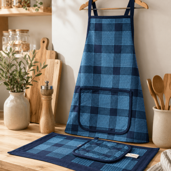 Gift Box - Apron, Pot Holder, Pot Matt, Place Matt & Gloves (Navy & Light Blue)